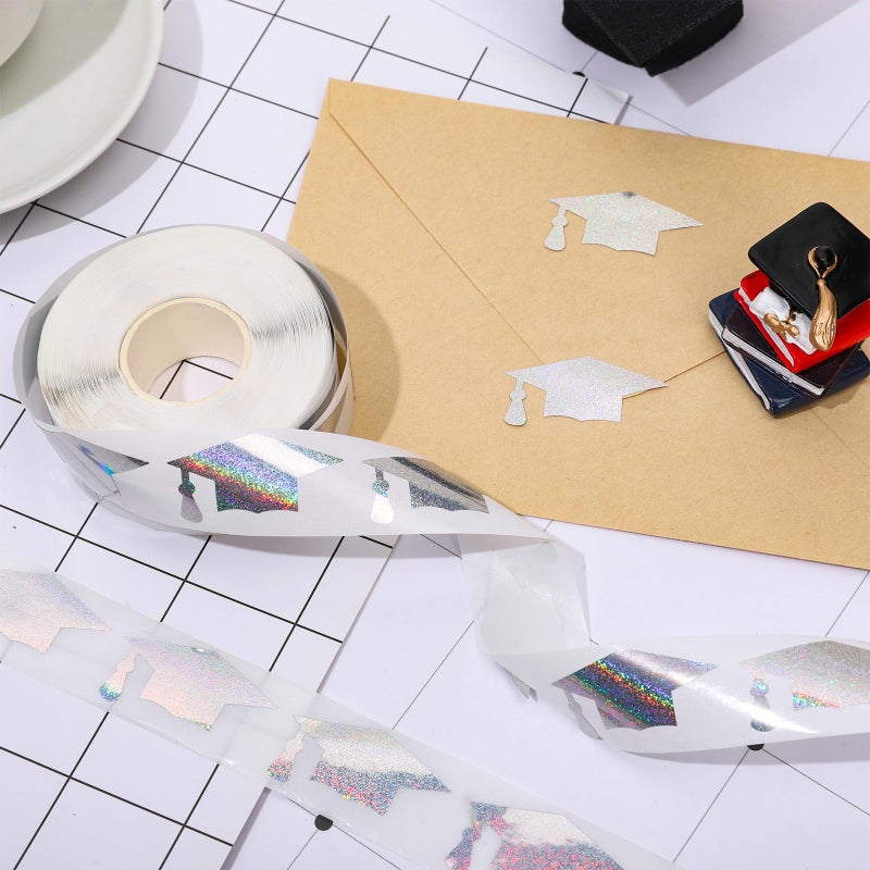 Whaline 600Pcs Graduation Cap Sticker Silver Laser Sealing Label Congrats Grad Hat Party Favor Self-Adhesive Sticker for College Graduation Party Supplies, 1.5 x 0.8 Inch - Image 3